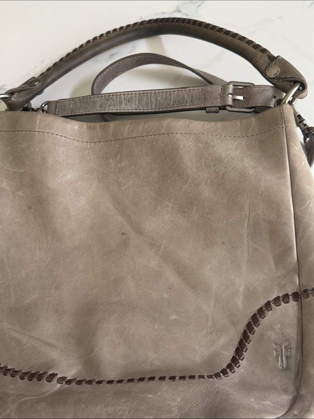 Taupe Leather Hobo Bag with Whipstitch Detail
